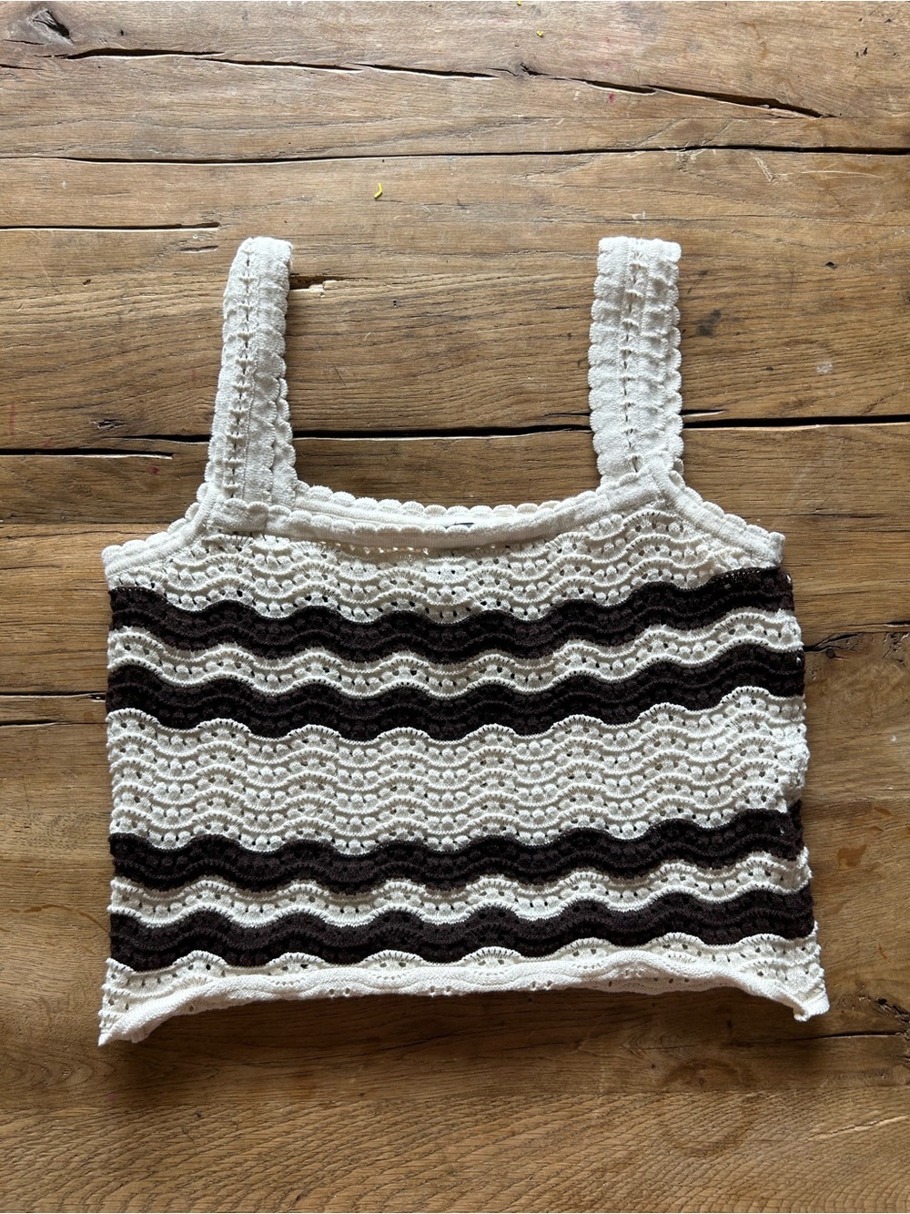 LOV Crochet Wave Stripe Crop Tank - White and chocolate brown xs